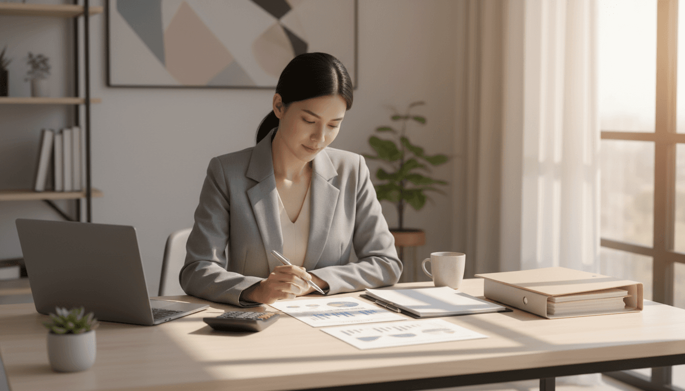 Financial advisor reviewing asset finance documents at desk